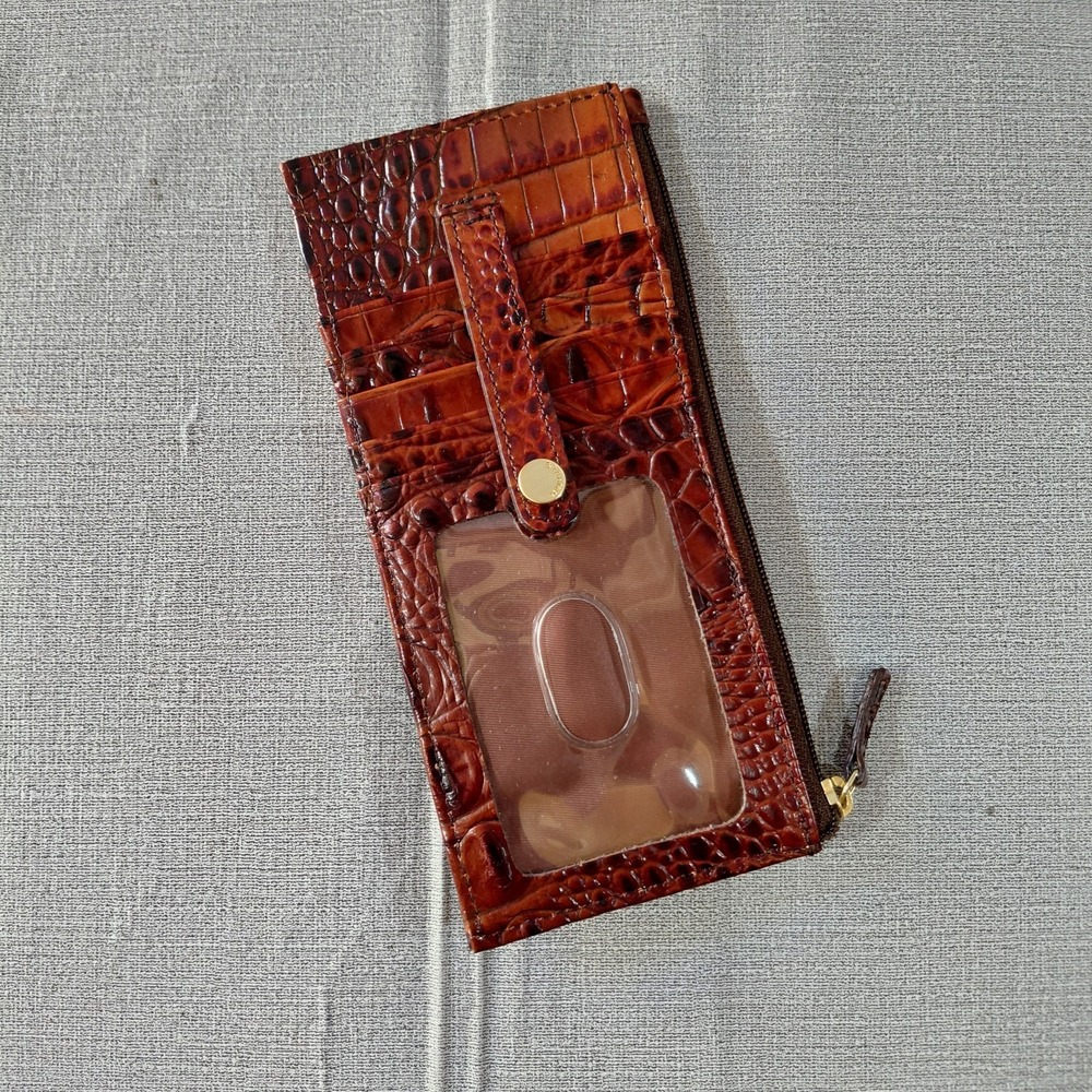 Brahmin Croc Embossed Credit Card Holder Wallet Brown Leather Slimline